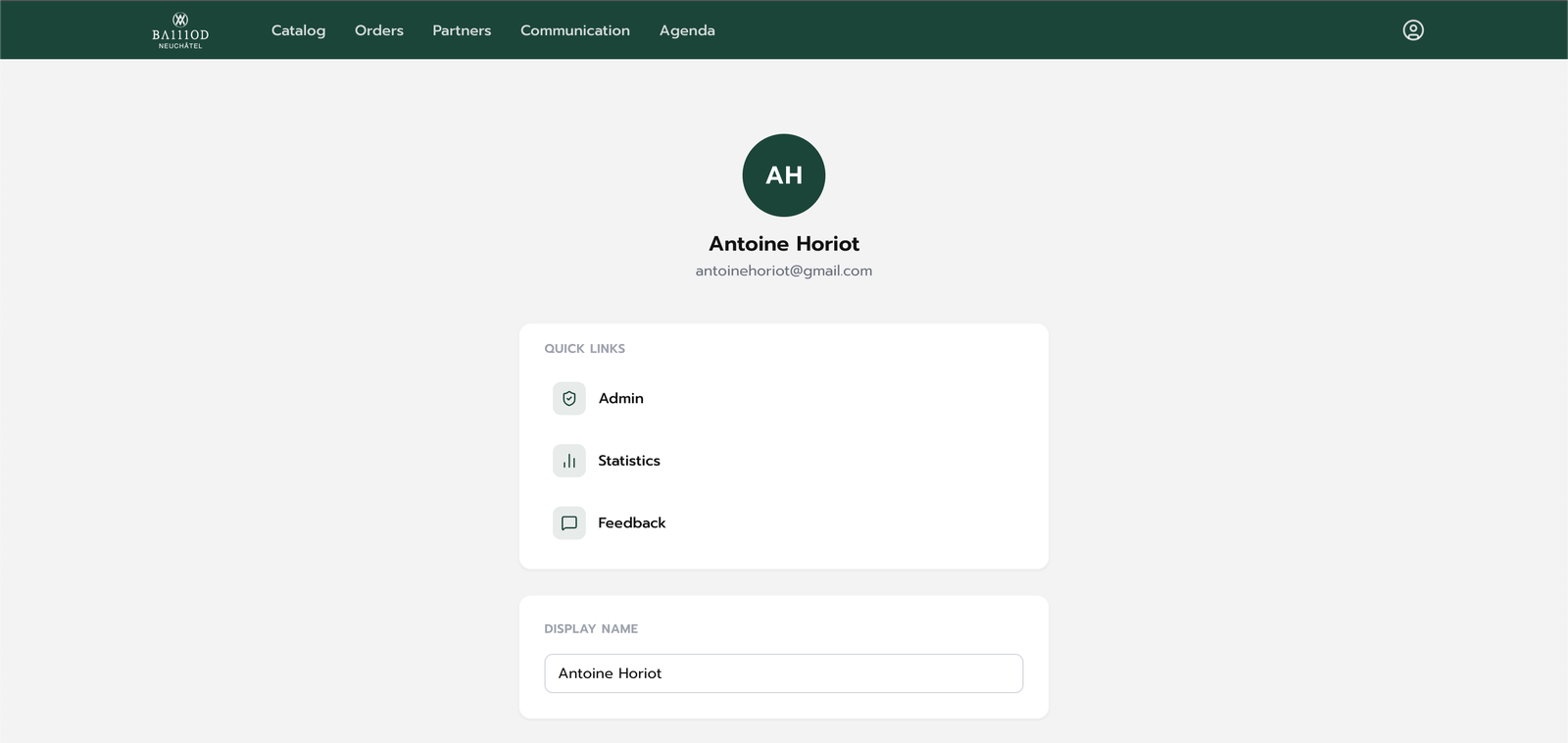 Page profil de l'app BA111OD Sales, raccourcis Admin, Statistics et Feedback, champ Display Name modifiable