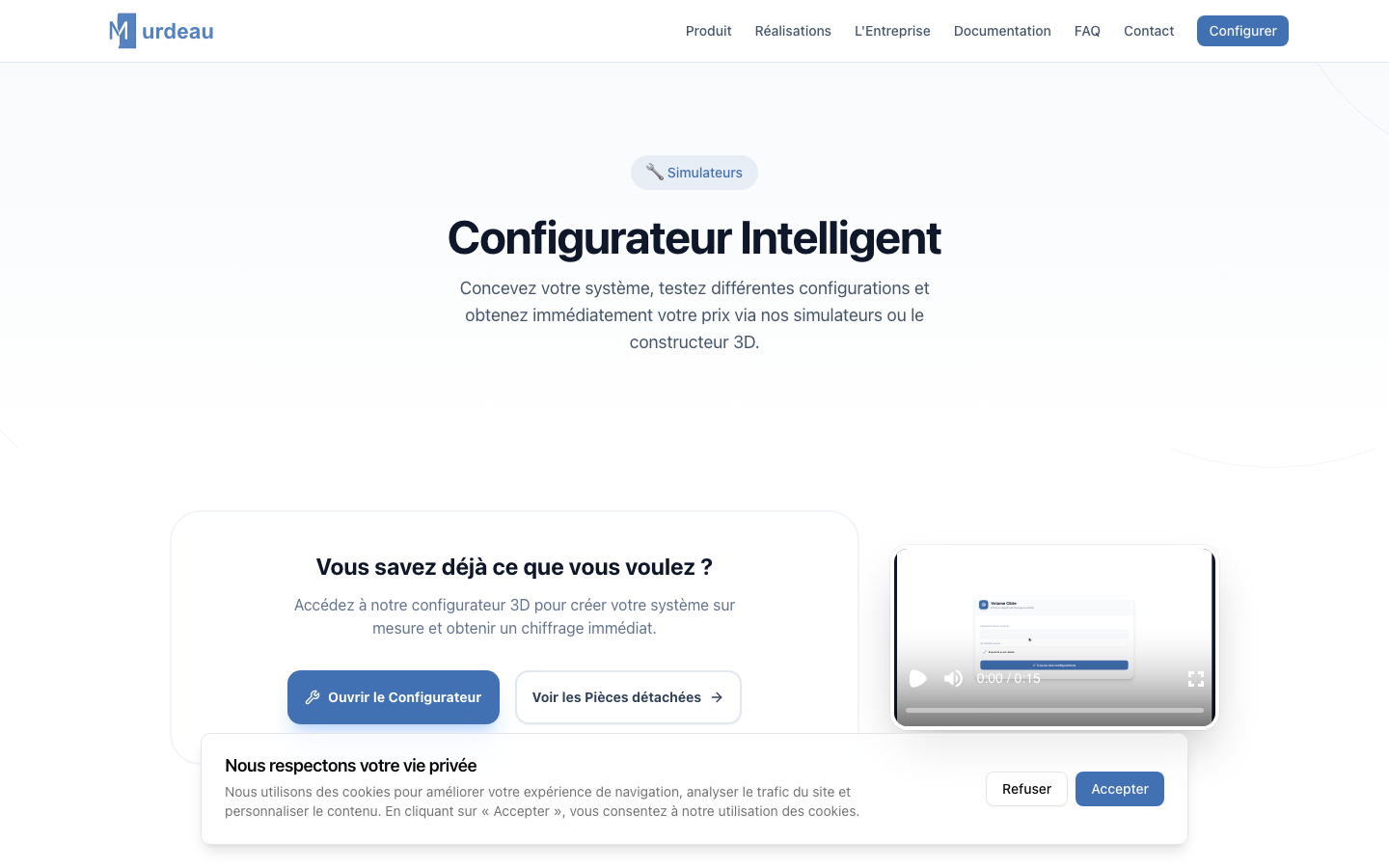 Écran d'accueil du configurateur Murdeau, choix entre les trois modes d'entrée